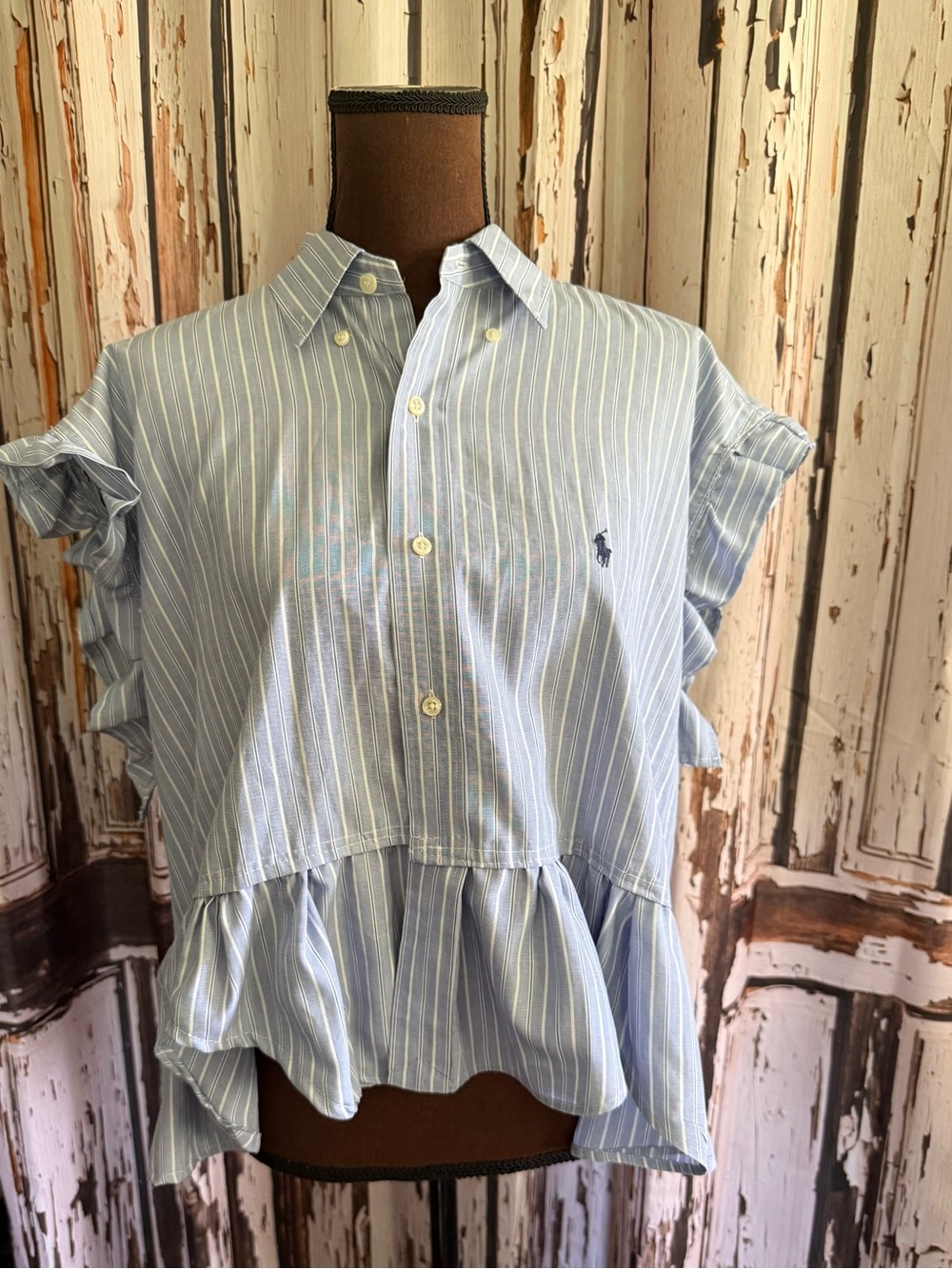 Reworked upcycled Ralph Lauren large Striped Ruffle button down shirt - Picture 12 of 13